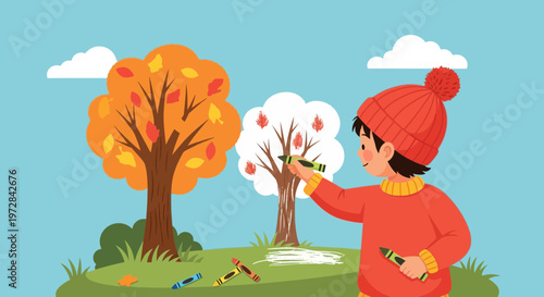 Young child drawing autumn trees with crayons outdoors