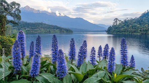 Serene lake with vibrant blue flowers and majestic mountains. Tranquil view of a tranquil lake surrounded by lush greenery and towering mountains