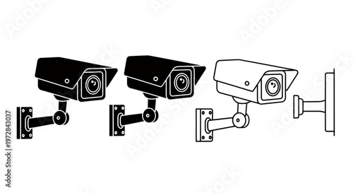 Set of three security surveillance cameras mounted on a wall bracket for monitoring and recording.