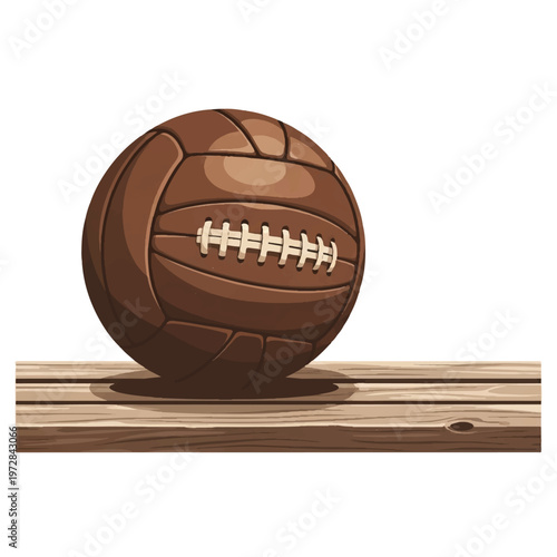 An old-fashioned heavy leather soccer ball with thick hand-stitched seams resting on a weathered wooden locker room bench, sepia color palette, nostalgic atmosphere, high contrast silhouettes,