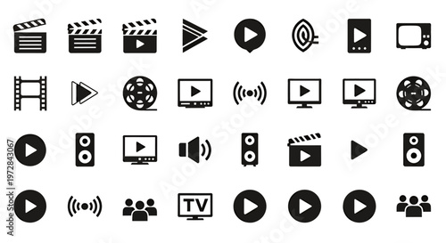 Collection of monochrome media control icons and filmography symbols for user interface design.