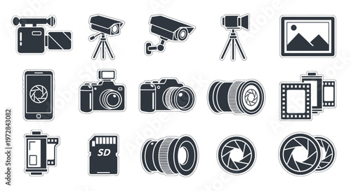 Collection of photography gear icons including cameras lenses and tripods and film frames.