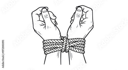 Illustration of human hands tied together with a rope at the wrists