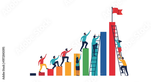 Business team climbing up a bar graph to reach a red flag goal