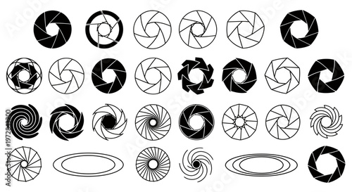 Collection of black and white camera aperture shapes showcasing circular patterns and geometric symmetry.