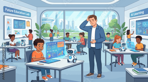 Confused Teacher in Futuristic AI Classroom with Robots and Students