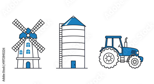 Agricultural elements: windmill, silo, and tractor line art.