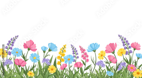 Vibrant spring flowers and green grass border illustration on white background.