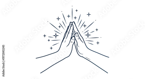 Praying hands gesture with radiating stars, a symbol of spirituality and peace.