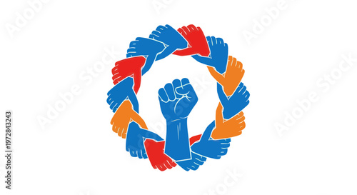 Fotografia A strong fist rising in a circle of diverse, interlocking hands, symbolizing unity and power
