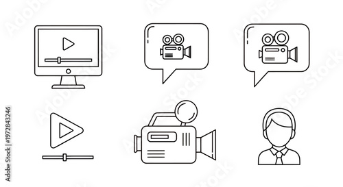 Set of media and broadcasting icons for video, audio, and user interface elements.