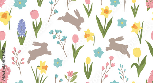 Seamless pattern with cute Easter bunnies and colorful spring flowers.