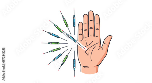 Illustration of multiple syringes aiming at a human hand, symbolizing fear or treatment.