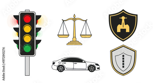 Traffic Law and Road Safety Icons Set with Car and Justice Scale