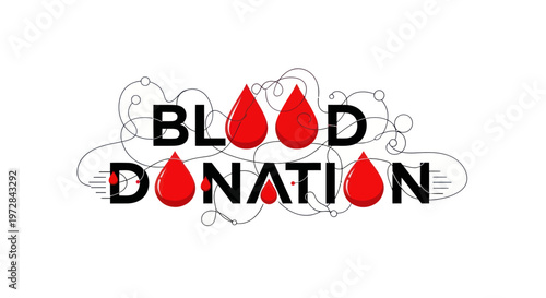 Stylized blood donation concept with red drops and swirl lines on white background