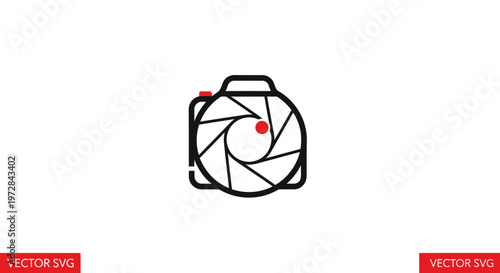 Modern abstract camera lens icon with aperture blades and red dot, vector logo concept