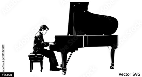 Musician playing grand piano, silhouette, black and white, classical music performance