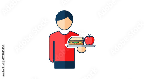 Person holding tray with sandwich and apple, healthy meal concept
