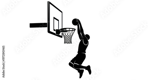 Basketball player dunking silhouette, dynamic action shot, sports graphic