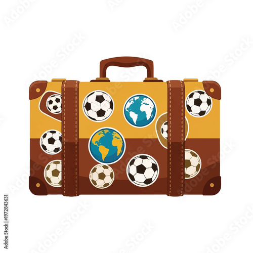 A leather travel suitcase covered in faded stickers of soccer balls and globes, representing the journey to the tournament, warm sepia tones. Palette: tan, chocolate brown, beige, faded gold.