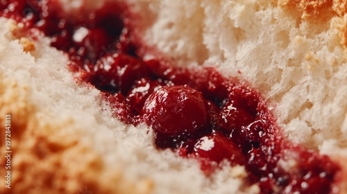 Close up macro of cherry popover interior, airy hollow crumb, juicy cherry filling, baked pastry texture detail, high resolution food stock image