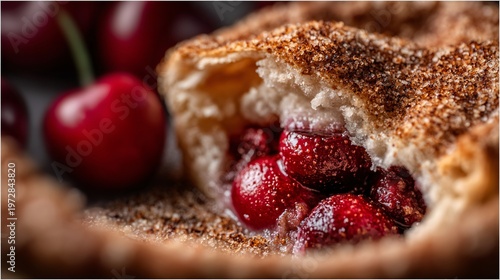 Close up macro of cherry popover interior, airy hollow crumb, juicy cherry filling, baked pastry texture detail, high resolution food stock image