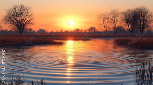Serene sunset lake ripples, winter trees, calm