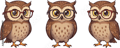 Funny cartoon owls with eyeglasses, cute wise bird illustration, adorable nerd animal character, smart vector drawing, isolated design on white background