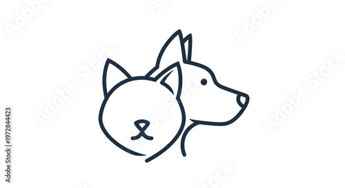 Minimalist Icon of Cat and Dog Faces, Line Art, Friendship, Pets