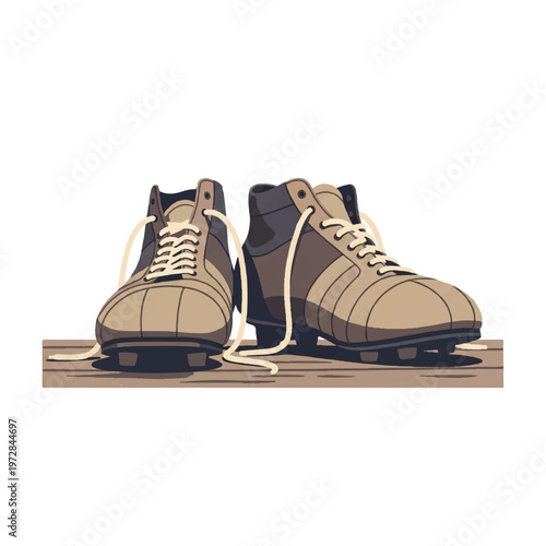 A pair of early 20th-century style leather soccer boots with long laces, resting on a rustic floor, representing the heritage of the game, faded sepia tones. Palette: mahogany, beige, charcoal,