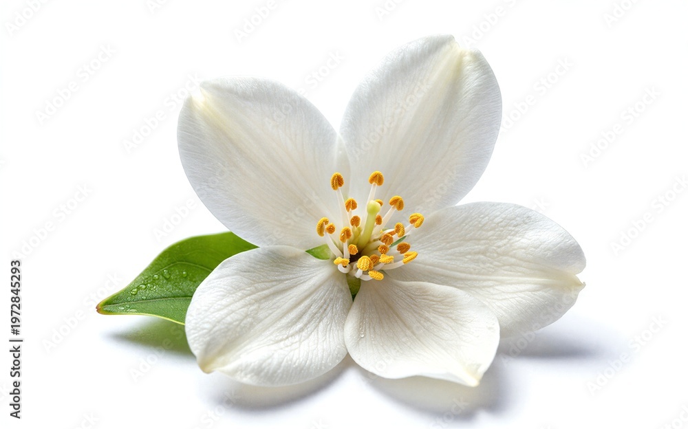 Fototapeta premium White flower with delicate petals and vibrant yellow stamens resting