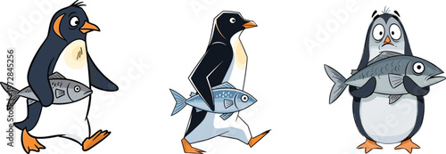 Funny cartoon penguins carrying fish illustration, cute arctic bird drawing, antarctic wildlife character design, marine animal vector, adorable ocean life clipart