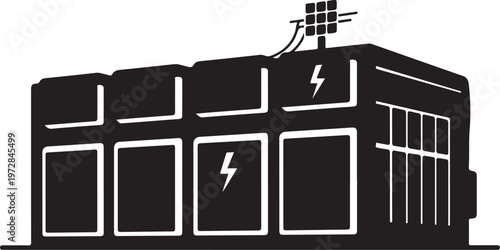 Electricity substation, power plant icon, black silhouette, industrial building
