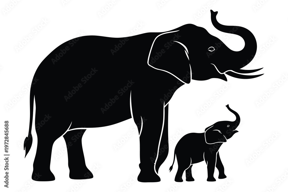 Fototapeta premium Silhouette of an elephant and calf: a tender moment in black and white