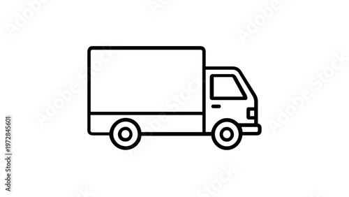 Minimalist line art vector icon of a delivery truck or cargo van, ideal for logistics, shipping, and transportation services. Scalable black outline illustration of a commercial vehicle.