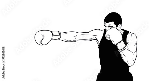 Boxer throwing a punch, focus and determination, athletic silhouette, black and white