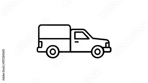 Minimalist black and white line art vector icon illustration of a pickup truck with a camper shell canopy for transport, delivery, and logistics concepts, scalable graphic isolated on white.