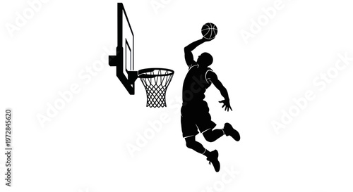 Silhouette of basketball player dunking on white background