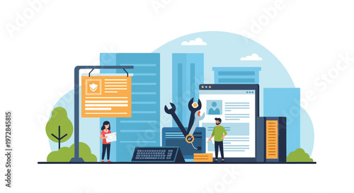 Cybersecurity and Data Privacy Service Team Working with Digital Tools in a City Setting