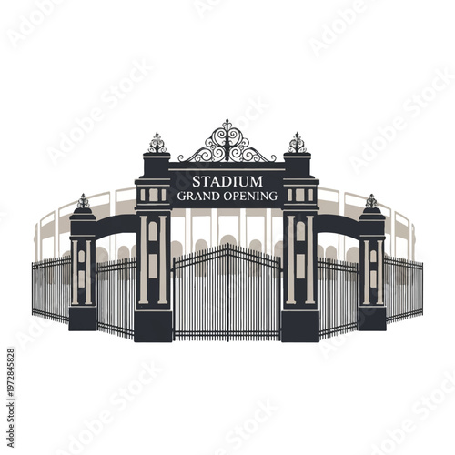 A classic wrought iron stadium entrance gate silhouette, nostalgic architecture, sepia and dark grey tones, preparation for the grand opening, minimalist flat vector artwork, clipart style,