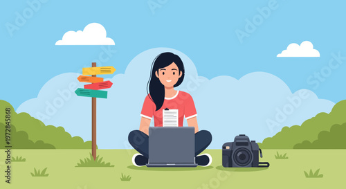 Young woman with laptop and camera making choices outdoors with a signpost indicating directions