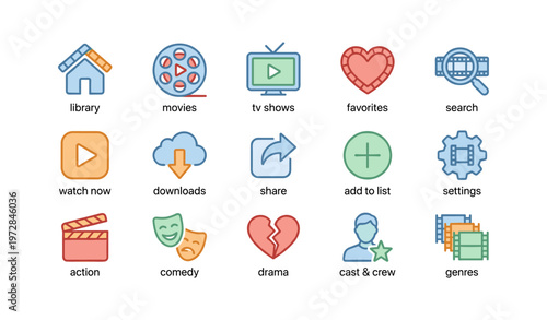 Multicolored media icons including movies, tv shows, comedy, drama, library, and more