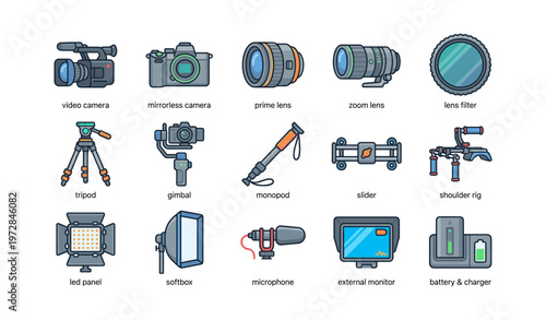 Collection of video and photography equipment icons including cameras and accessories
