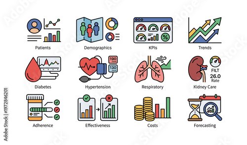 Healthcare data icons: patients, trends, diabetes, hypertension, respiratory, kidney, costs, forecasting