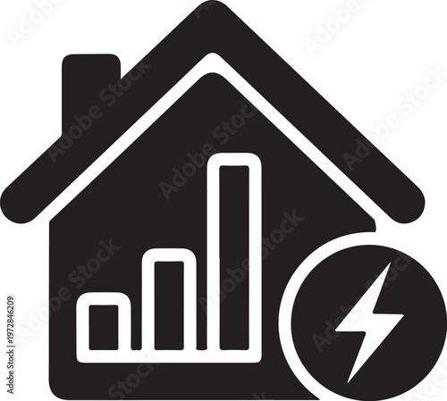 Black house energy efficiency icon, eco home bar chart, lightning bolt symbol, sustainable living vector