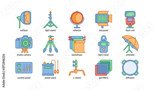 Photography studio equipment icons: camera, tripod, lighting, reflector, backdrops