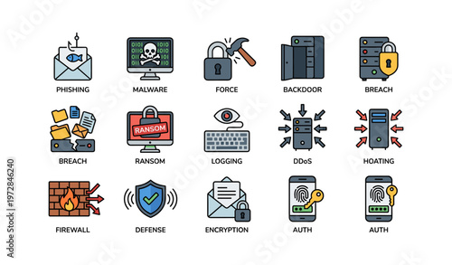 Cybersecurity threat icons: phishing, malware, ransom, encryption, firewall defense symbols