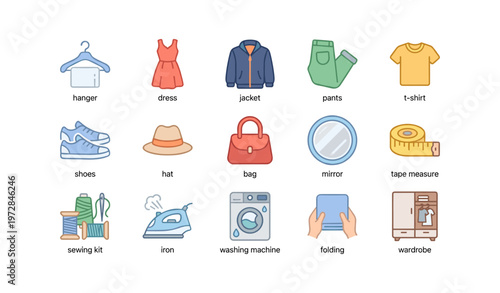 Clothing and household items icons with hanger, dress, jacket, and more