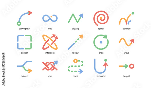 Colorful arrow symbols: curves, loops, spirals, and waves