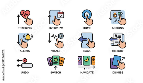 Colorful icon set representing tracking, navigation, and action concepts